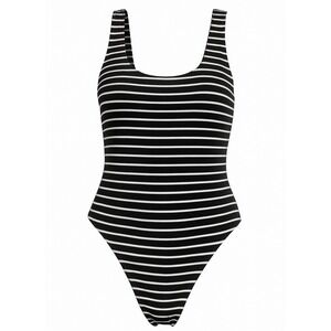 AERIE Scoop Back One-Piece Swimsuit Nylon Stretch Striped Black White Size‎ S